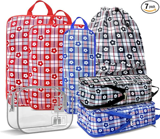 Geometric Flower Compression Packing Cubes for Travel (7 Piece) | Tear-Resistant, Separate Shoe Compartment, Travel Essential Organizer Bags for Clothes, Shoes & Toiletries, Red Blue Black by Unknown