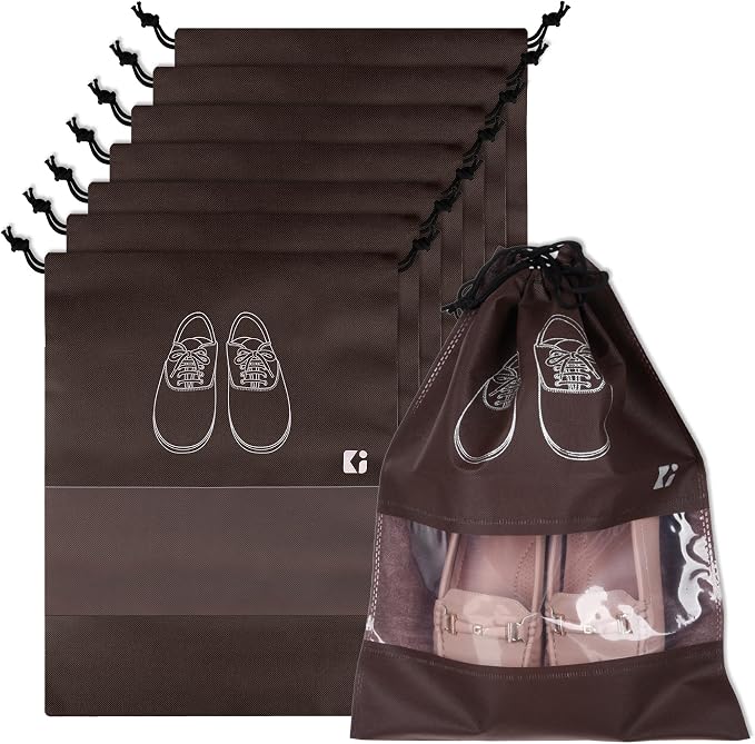 Kuber Industries Pack of 8 Shoe Bags | Shoe Bags for Travel | Non-Woven Shoe Storage Bags | Storage Organizers Set | Shoe Cover with Transparent Window | Shoe Dori Cover | Coffee by Kuber+Industries