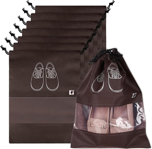 Kuber Industries Pack of 8 Shoe Bags | Shoe Bags for Travel | Non-Woven Shoe Storage Bags | Storage Organizers Set | Shoe Cover with Transparent Window | Shoe Dori Cover | Coffee by Kuber+Industries