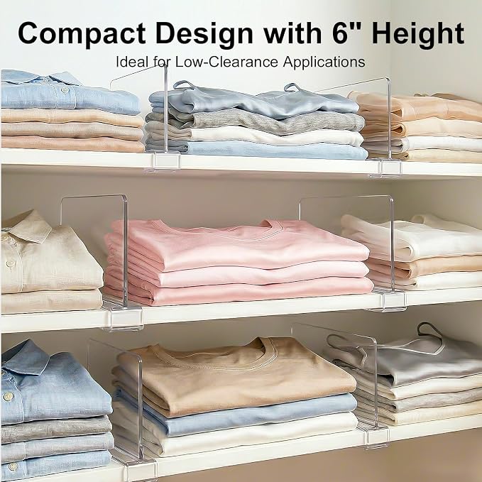 Purse Organizer for Closet Shelf Dividers: 6-inch Tall (Shorter Version) Adjustable Clear Acrylic Bag Storage Organizer for Handbags, Sweaters, Towels, Jeans and Shoes on Wood Shelves 4-Pack - Image 3
