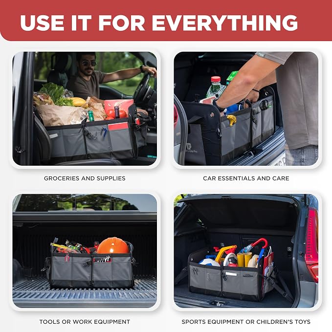 Car Cargo Organizer for SUV, Truck & Auto Storage, Gift, Grey, Large | Fits Cars, SUVs & Trucks • 4 Adjustable Compartments • Non-Slip Base & Straps • Foldable • 11 Pockets • Gift - Image 9