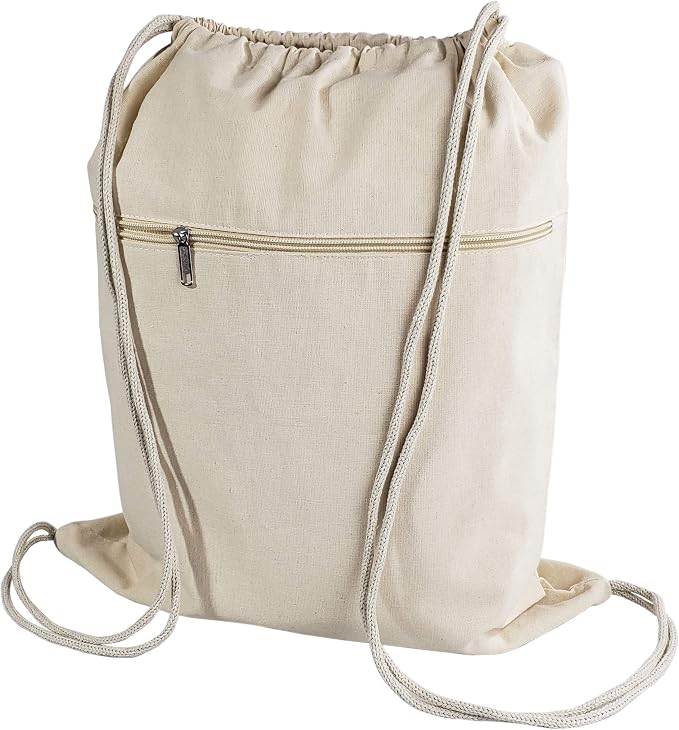 TBF Cotton Canvas Drawstring Backpack with Zippered Front Pocket Cinch Sack Pull String Sport Bags for Gym, Hike, Men Women Kids Bags (Natural, Set of 3) by TOTEBAGFACTORY