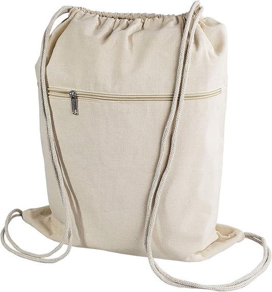 TBF Cotton Canvas Drawstring Backpack with Zippered Front Pocket Cinch Sack Pull String Sport Bags for Gym, Hike, Men Women Kids Bags (Natural, Set of 6) by TOTEBAGFACTORY