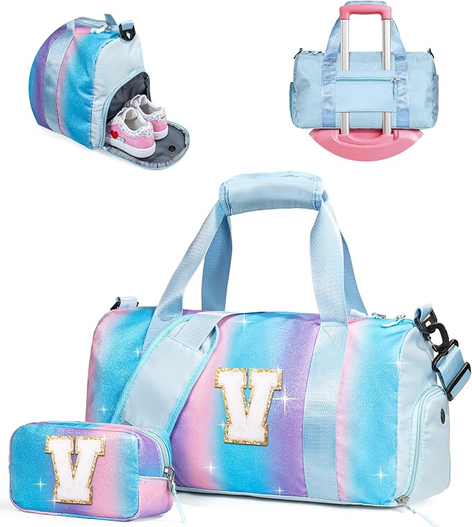 Gifts for Kids-Girl Gym Bag with Shoe Compartment, Kid Personalized Weekender Overnight Bags, Initial Travel Tote with Makeup Pouch, Soccer Gifts for Girls (Letter V) by Vogewood