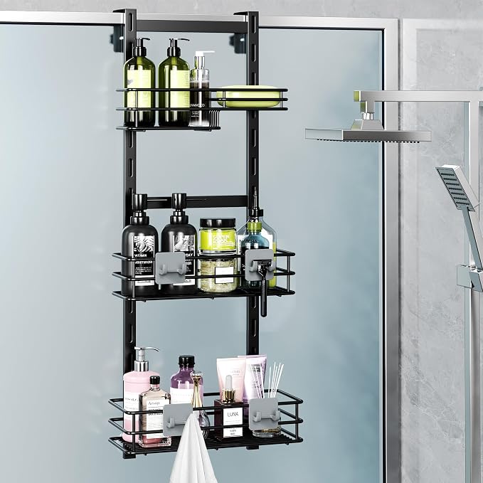 Orimade Over The Door Shower Caddy Adjustable 3 Tier Black,Bathroom Hanging Organizer Shelf Rustproof with 4 Hooks,Shower Basket with Soap Holder and Suction Cup by Orimade