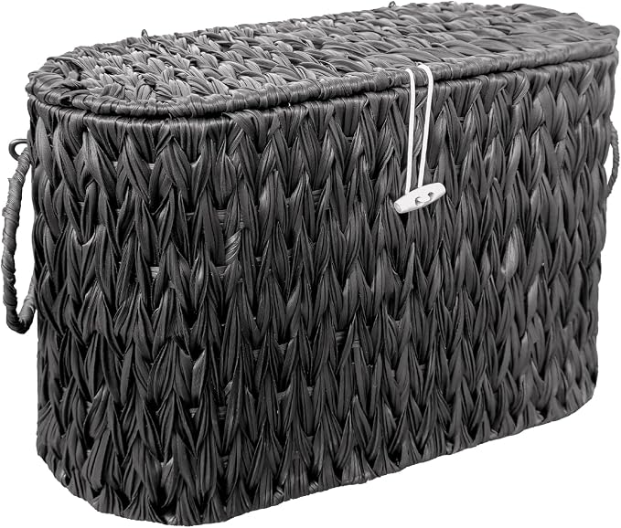 Coeusy Black Toilet Paper Basket with Lid,Wicker Toilet Paper Storage Stand,Large Narrow Bathroom Towel Basket Mega Roll Container Bin for Toilet Tank,Floor by WEAVECOMFORTINTOEVERYCORNER