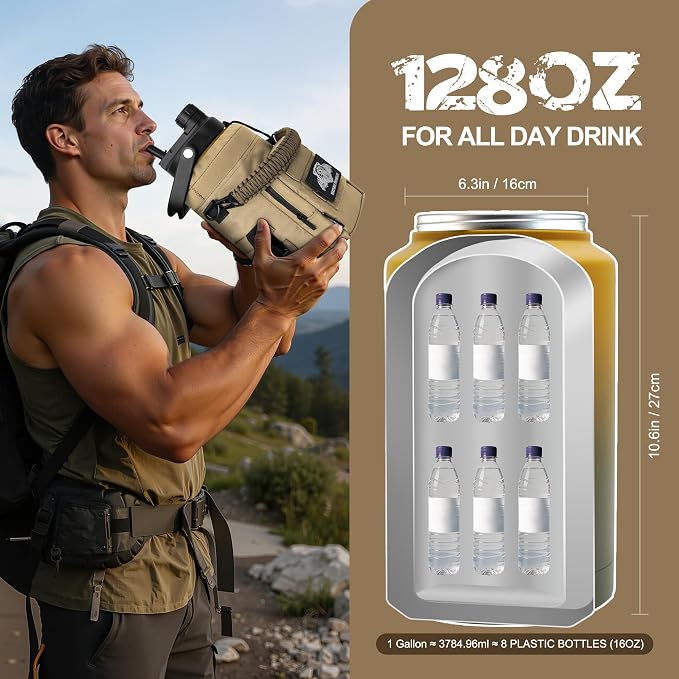 NATURE PIONEOR 128oz/1 Gallon Tactical Water Bottle with MOLLE Bottle Pouch | 18/8 Food-grade Stainless Steel, Double Vacuum Insulation, Wide-Mouth, Straw & Spout Lid, Strap, Camping, Hiking, Gym, Work - Image 7