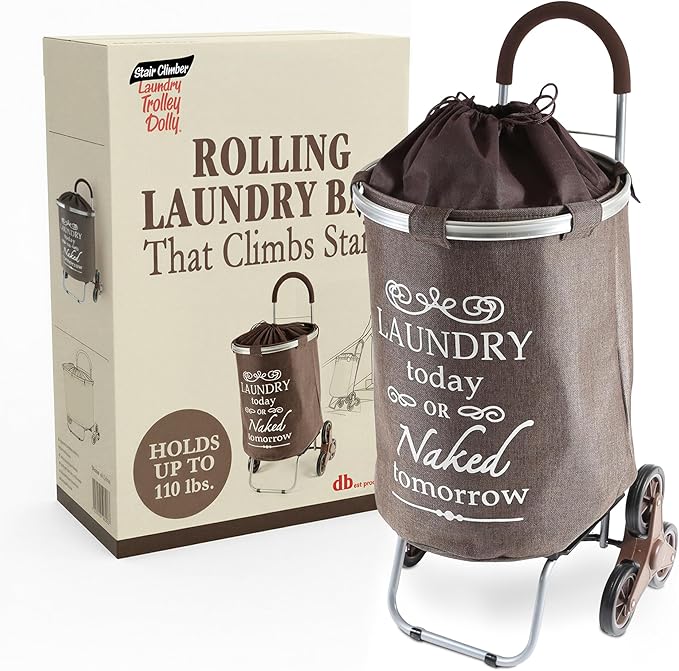 dbest products Stair Climber Laundry Trolley Dolly, Brown Laundry Bag Hamper Basket cart with wheels sorter by dbestproductsInc