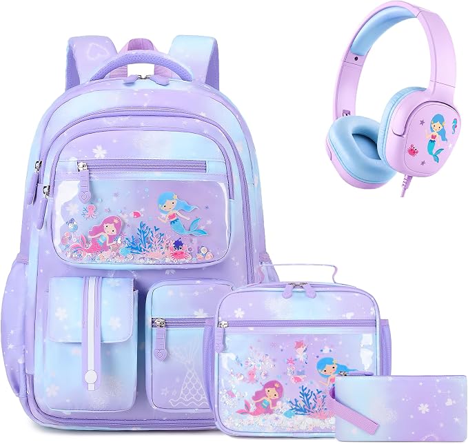 ACESAK Kids Backpack for Girls, Mermaid Backpack Set with Over-ear headphones, Lunch Bag Set for School, Girls Backpack for Elementary Middle school Teen Student(Purple) by ACESAK
