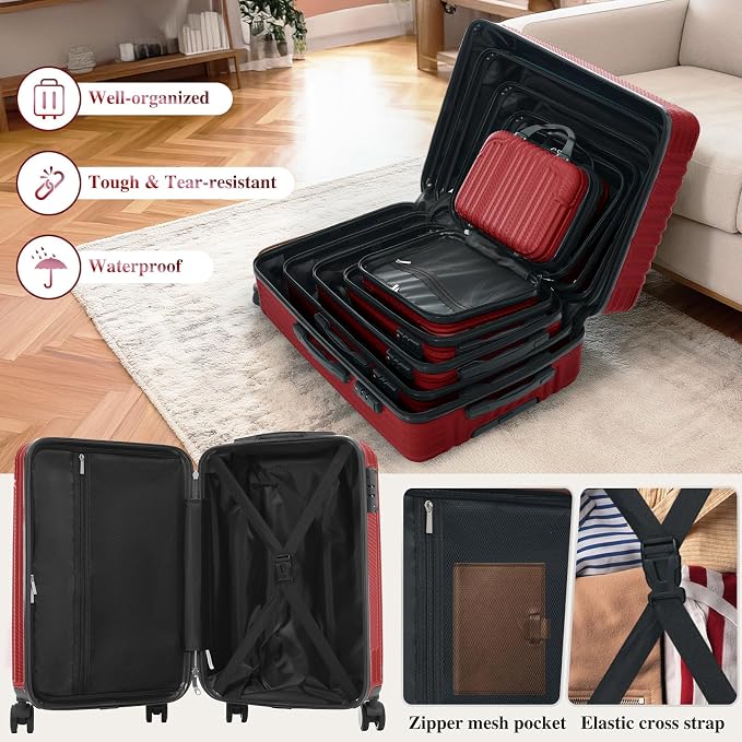 Red 6 Piece Luggage Set Hard Shell - Lightweight Checked Suitcases with Spinner Wheels and Cosmetic Cases for Family Travel, Durable Carry On Luggage Sets with Lock for Women and Men - Image 5
