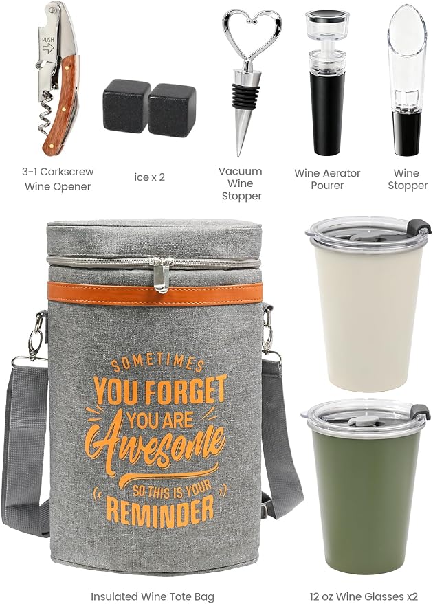 Wine Cooler Bag Gift Set with 2 Tumblers, Insulated Portable Wine Carrier Holds 2 Bottles, Perfect for Outdoor Use, Ideal Easter Birthday Anniversary Gift for Women & Men Wine Lovers - Image 3