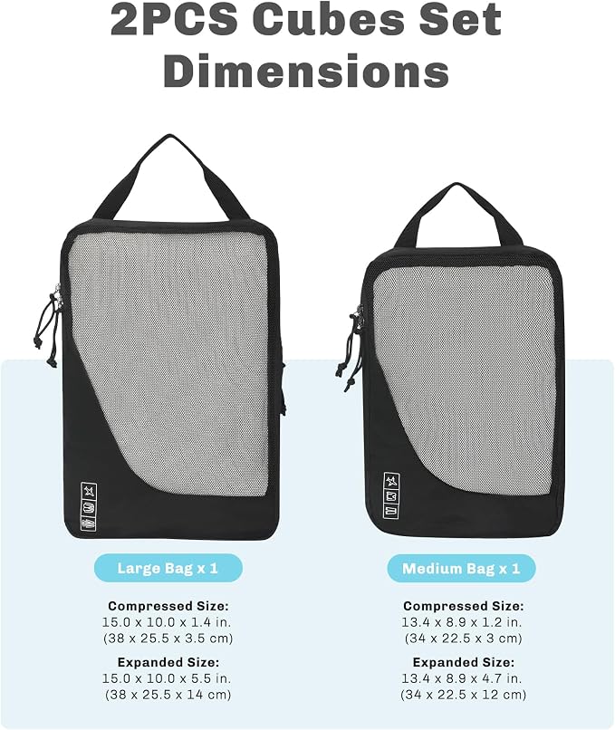 Hynes Eagle 6 Set/ 4 Set/ 2 Set Compression Packing Cubes Travel Essentials Lightweight Nylon Luggage Suitcase Organizer Bag Black 2PCS - Image 2