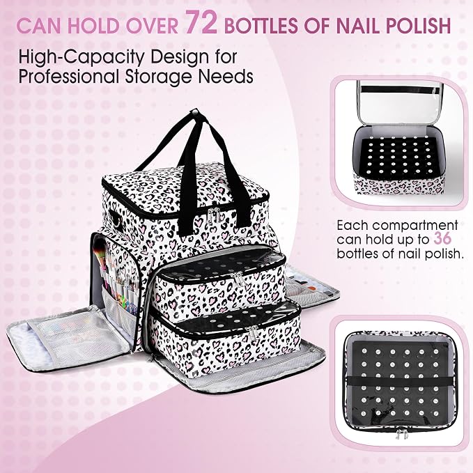 DERSTUEWE Nail Polish Organizer Case – Waterproof Travel Bag with Hard Bottom – Double Layer Nail Storage Bag with Adjustable Dividers & Nail Lamp Compartment (Multi Print) - Image 2