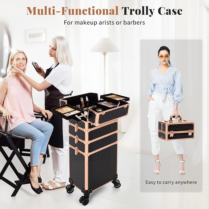 AROUS Rolling Makeup Train Case 4 in 1 Cosmetology Case on Wheels Large Storage Cosmetic Trolley with Key Salon Barber Case Traveling Cart Trunk,Gold&Black - Image 7