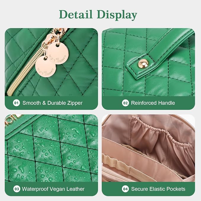 Travel Makeup Bags Cosmetic Organizer: 3Pcs Set Puffy Make up Bag for Women | ForestGreen Premium Quilted ELEGANCE Design | Large Capacity Leather Toiletry Bags | Wide Open Compact Case for Travel - Image 6