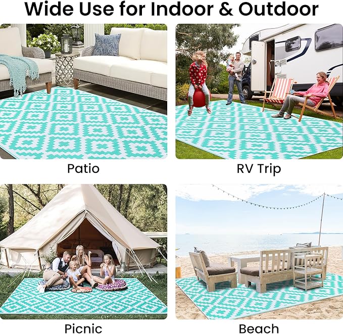Smiry Waterproof Outdoor Rug 6x9 ft, Reversible Plastic Straw Patio Camping Rugs, Outdoor Indoor RV Mat Carpet for Patio, Outside Entry, Backyard, Deck, Bench, Picnic, Camper, White & Teal - Image 8