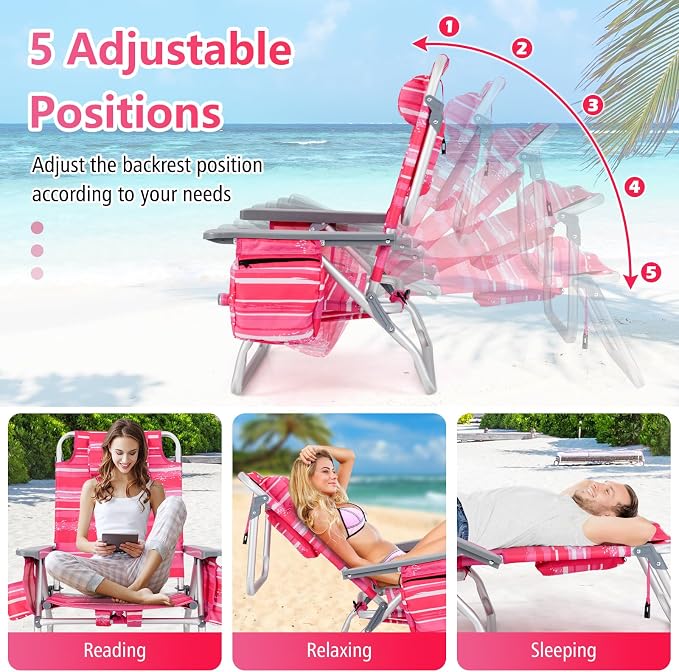 Giantex Folding Beach Chair, Patio Sling Chairs with 5 Adjustable Position, Head Pillow, Storage Bag, Towel Bar, Cup Holders, Backpack Chairs for Sunbathing, Camping Chair - Image 5