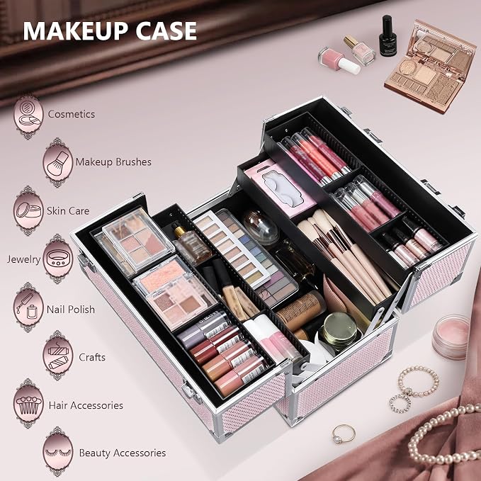 Stagiant 12.6 Inch Large Makeup Train Case, Professional 4 Trays Cosmetic Cases Makeup Storage Organizer Box Beauty Make Up Box with Lock&Adjustable Compartments for Nail, Accessories, Skincare, Pink - Image 3