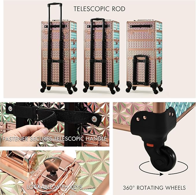 Stagiant Rolling Makeup Case Cosmetology Case on Wheels 4 in 1 Large Cosmetic Organizer Train Case Makeup Travel Case with Key Swivel Wheels Nail Artist Salon Storage Traveling Cart Trunk Rose Gold - Image 6