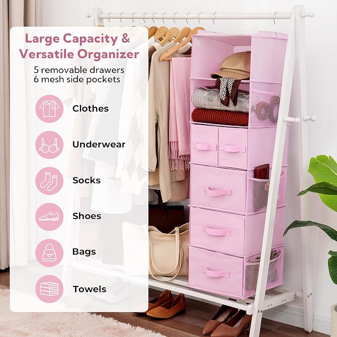 GRANNY SAYS Hanging Closet Organizers and Storage, 6 Shelves Closet Hanging Organizer with 6 Side Pockets, 5 Drawer Storage Organizer, Portable Hanging Shelves for Baby Closet, Pink Shelf - Image 4