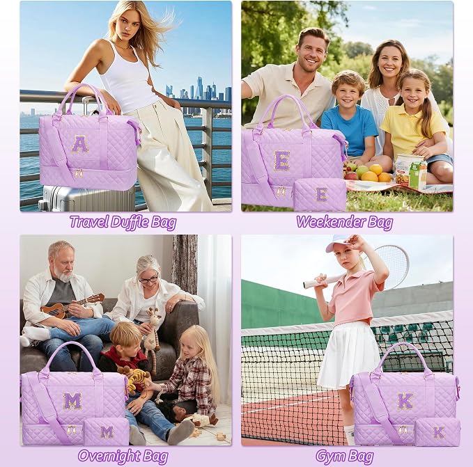 Gifts for Teen Girl Initial Travel Duffle Bag Quilted Weekender Bags Carry-On Overnight with Cosmetic Bag, Gym Bag with Shoe Compartment Hospital Bag for Women Labor Delivery, Purple-A - Image 9