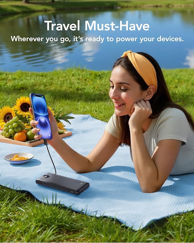 VRURC Portable Charger with Wall Plug, 10000mAh Slim Portable Charger Built in Cables,PD 20W Fast Charging Power Bank with Cords,USB C Portable Phone Charger Travel Accessories -Black(1 Pack)