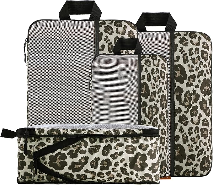 U+U 4 Set Compression Packing Cubes - Ultralight Travel Organizers, Space-Saving Suitcase Organizer, Expandable Packing Organizers for Travel Essentials (Leopard) by UU