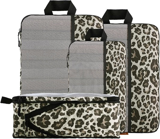 U+U 4 Set Compression Packing Cubes - Ultralight Travel Organizers, Space-Saving Suitcase Organizer, Expandable Packing Organizers for Travel Essentials (Leopard) by UU