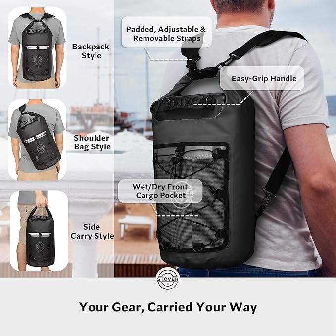 STOVER 5/10/25/30/40L Waterproof Dry Backpack & Phone Case- Large Floating Dry Bag for Kayaking, Travel, Hiking, Fishing, Camping, Motorcycles & Beach, Heavy-Duty Roll Top Men/Women (Black) - Image 3