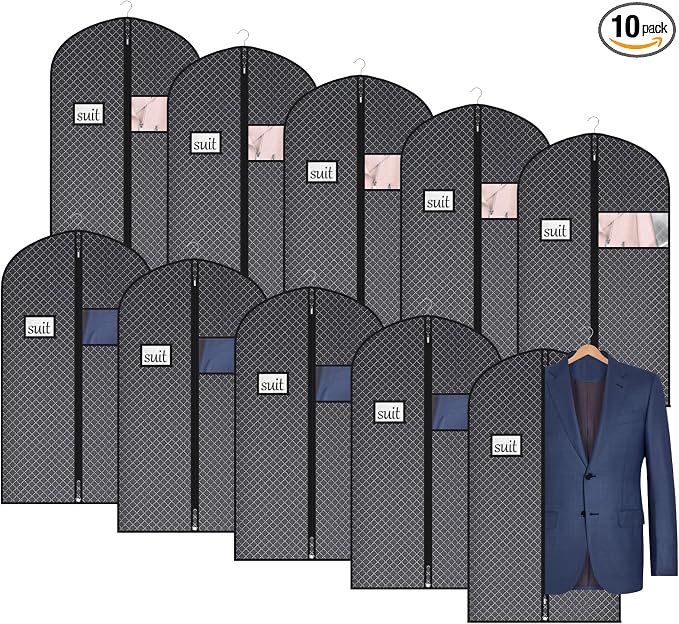 Univivi Suit Bags for Closet Storage and Travel, 40 Inch, 10 Pack, Black | Non-woven fabric, Breathable Suit Cover, Dustproof Hanging Storage Bag, Clear Window and ID Card Holder for Closet Storage by Univivi