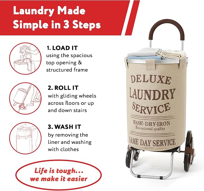 dbest products Stair Climber Laundry Trolley Dolly, Beige Laundry Bag Hamper Basket cart with wheels sorter - Image 3