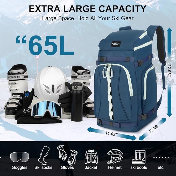 Ski Boot Bag, 65L Waterproof Ski Bag & Snowboard Boot Bag, Travel Backpack for Skis Snowboard Helmet Goggles & Accessories - Image 2