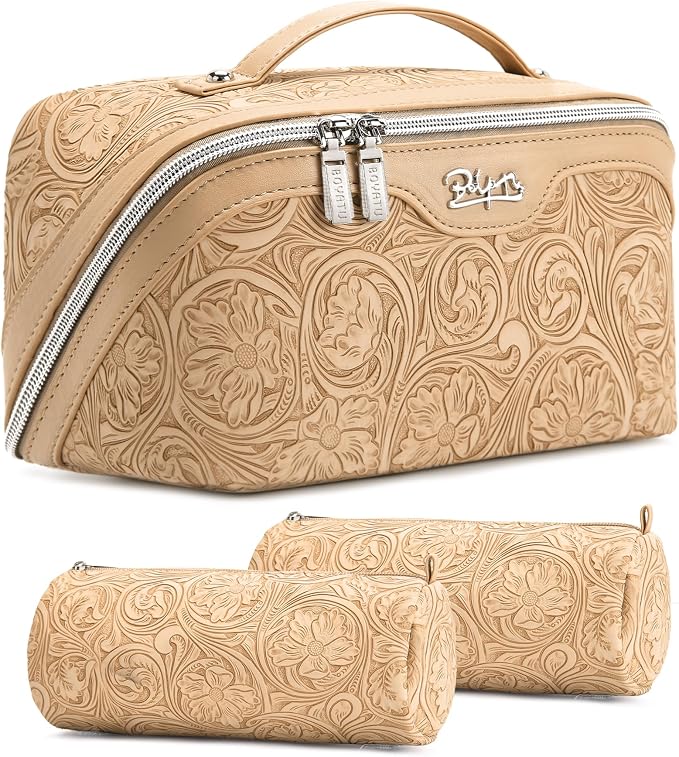 BOYATU Travel Makeup Bags Cosmetic Organizer Bag: 3 Pcs Set Large Capacity Floral Make up Bag with Compartments - Waterproof Leather Toiletry Bags with Handle for Women (17-Apricot) by BOYATU