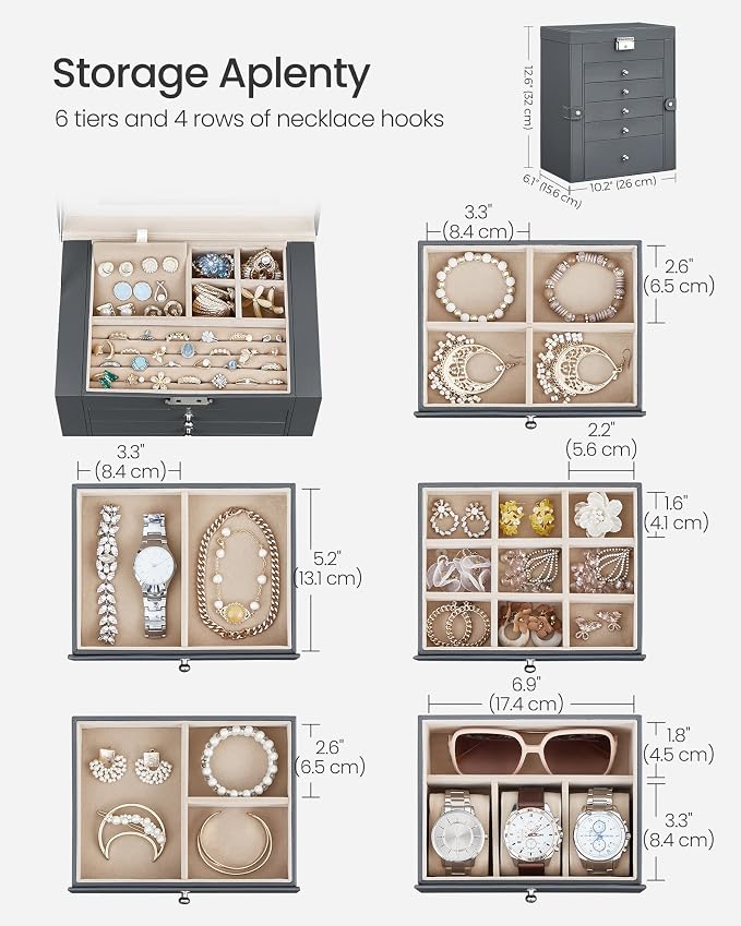 SONGMICS 6-Layer Jewelry Box Organizer with 5 Drawers, Jewelry Storage Case with Lock and Mirror, Large Storage Capacity, Gift for Loved Ones, for Necklaces, Watches, Gray UJBC152G01 - Image 3