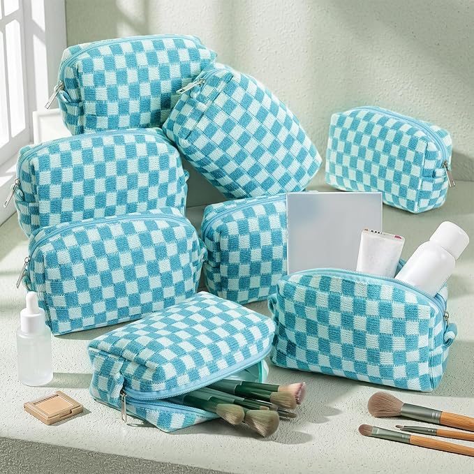 Gilprop 8 Pcs Checkered Makeup Bag for Purse Small Cosmetic Pouch Bulk Portable Zipper Makeup Pouch Travel Toiletry Organizer Gifts for Women Bridesmaid Wedding Party Favors (Lake Blue) - Image 4