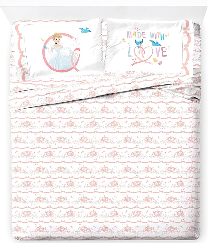 Jay Franco Kids Sheet Set with Fitted, Flat Sheets & Pillow Cover - Ultra-Soft Bedding with Pillowcase for Room Decor, White - Princess Cinderella, 4 Piece Queen by JayFranco