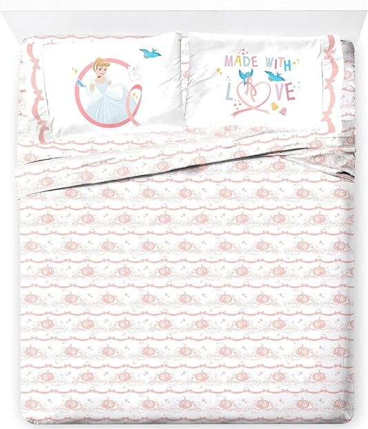 Jay Franco Kids Sheet Set with Fitted, Flat Sheets & Pillow Cover - Ultra-Soft Bedding with Pillowcase for Room Decor, White - Princess Cinderella, 4 Piece Queen by JayFranco