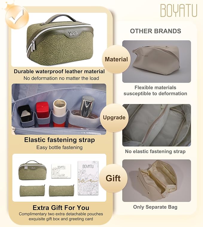 BOYATU Travel Makeup Bags Cosmetic Organizer Bag: 3 Pcs Set Large Capacity Make up Bag with Compartments - Waterproof Leather Toiletry Bags with Handle for Women (A-Green) - Image 2