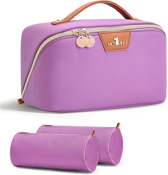 Travel Makeup Bag for Women: 3-in-1 Large Capacity Cosmetics Organizer with 2 Detachable Pouch - Vegan Leather Flat Open Toiletry Bag - Travel Essentials for Full-Sized Bottles(01-Purple) by Unknown