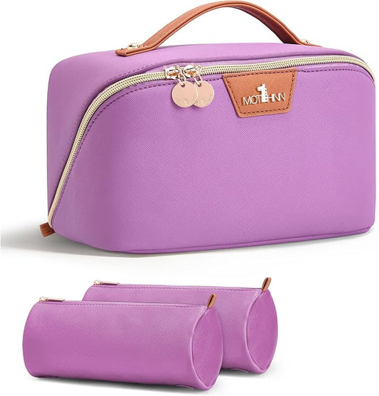 Travel Makeup Bag for Women: 3-in-1 Large Capacity Cosmetics Organizer with 2 Detachable Pouch - Vegan Leather Flat Open Toiletry Bag - Travel Essentials for Full-Sized Bottles(01-Purple) by Unknown