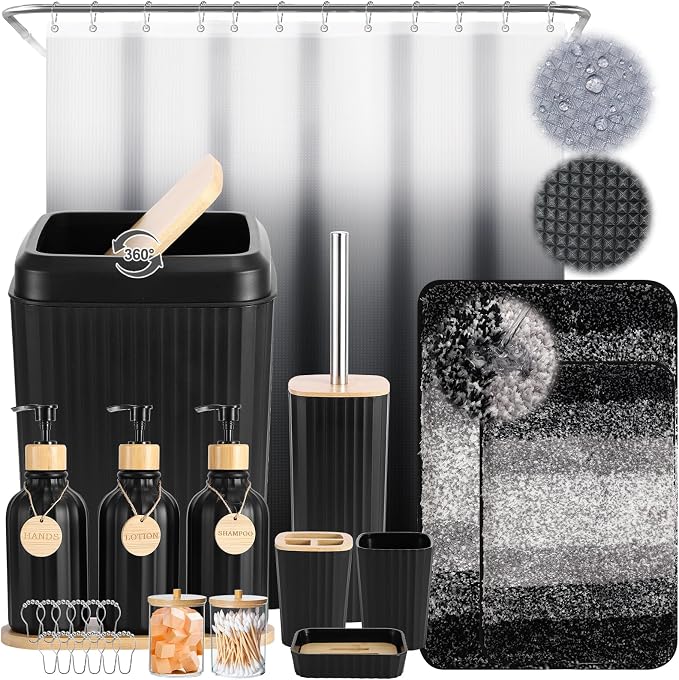 32PCS Bathroom Sets with Shower Curtain and Rugs,Bathroom Set Black Bathroom Accessories Black Shower Curtain Set with Bathroom Trash Can by BetterbathroomwithXLHOME