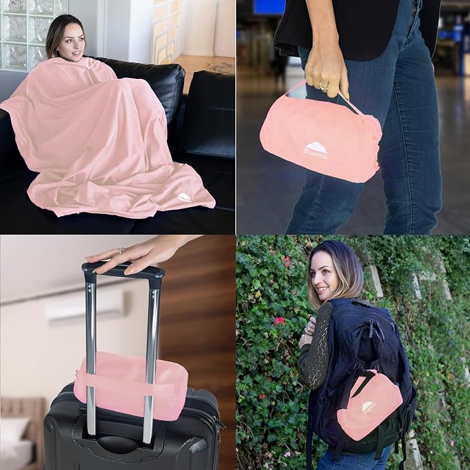 BlueHills Ultra Compact Travel Blanket Pillow Soft Airplane Throw - Pink | 70 X 56 Long, Luggage Strap & Carabiner, Compact Lightweight, Airplane Traveling Essential Accessories, Cruise Throw in Bag - Image 3
