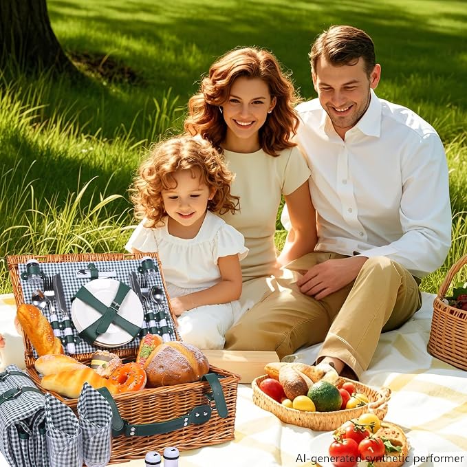 Picnic Basket Set for 4 with Waterproof Blanket Mat Insulation Bag Wicker Green Plaid Classic Cottagecore Gift for Christmas Thanksgiving Wedding Birthday Camp Outdoor Beach Travel - Image 7
