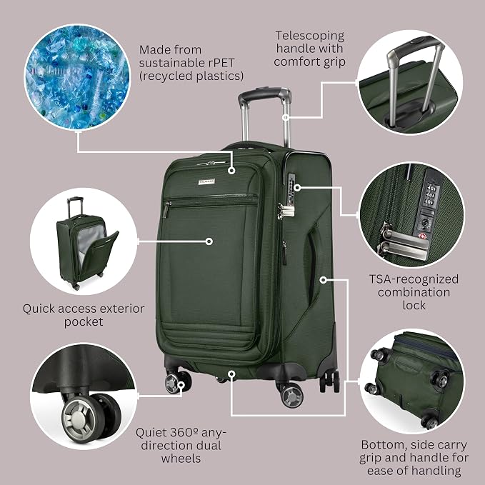 Ricardo Beverly Hills Avalon Softside Carry-On Luggage Made with Sustainable 100% Recycled PET (rPET), Lightweight, Eco-Friendly Travel, Expandable, Dual Spinner Wheels, Juniper Green, 20-inch - Image 3