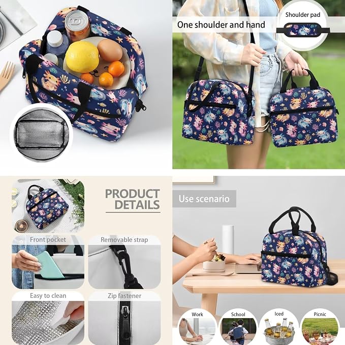 3pcs Kids School Bookbag with Insulated Portable Lunch Bag Pencil Case Colorful Axolotl Backpack Daypack for Kids Teen Girls - Image 3