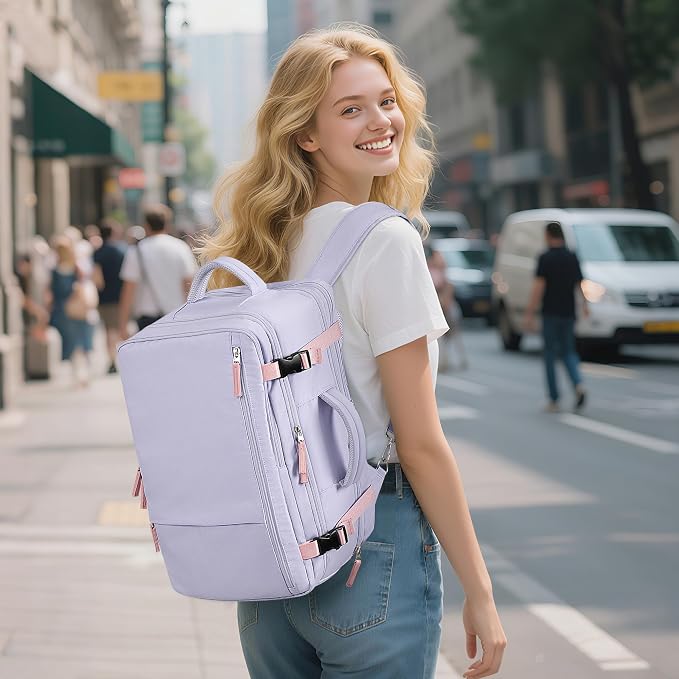 Sinaliy Carry on Backpack, Waterproof 17 Inch Laptop Backpack for Women, Flight Approved Backpack for Travel, College, Work | Waterproof Large Expandable College Bookbag, as Person Item Flight Approved with Anti Theft Pocket and Wet Pocket, Purple - Image 2