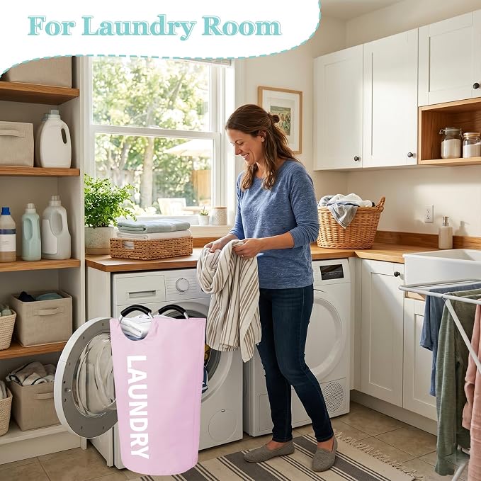 WOOHA 95L Large laundry basket,Collapsible laundry hamper, Tall Clothes Baskets Folding Washing Bin Foldable Fabric Hamper Bags for Bedroom, Closet,Bathroom,College,laundry bag,pink - Image 7