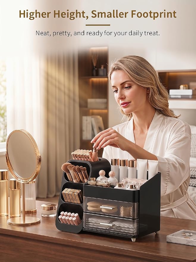 Booklov Makeup Organizer for Vanity, Large Capacity Cosmetic Display Case with Drawers, Countertop Beauty Storage Holder for Skincare, Brush Eyeliner Perfume Eyeshadow Lipsticks, Counter Desk, Black - Image 5