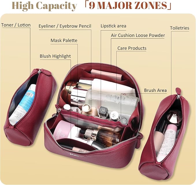 BOYATU Genuine Leather Travel Makeup Bag: Large Capacity 3 Pcs Set Cosmetic Bags for Women - Designer Waterproof Hand-made for Toiletry Organizer - Ladies Travel Essentials for Elegance (06Burgundy) - Image 3