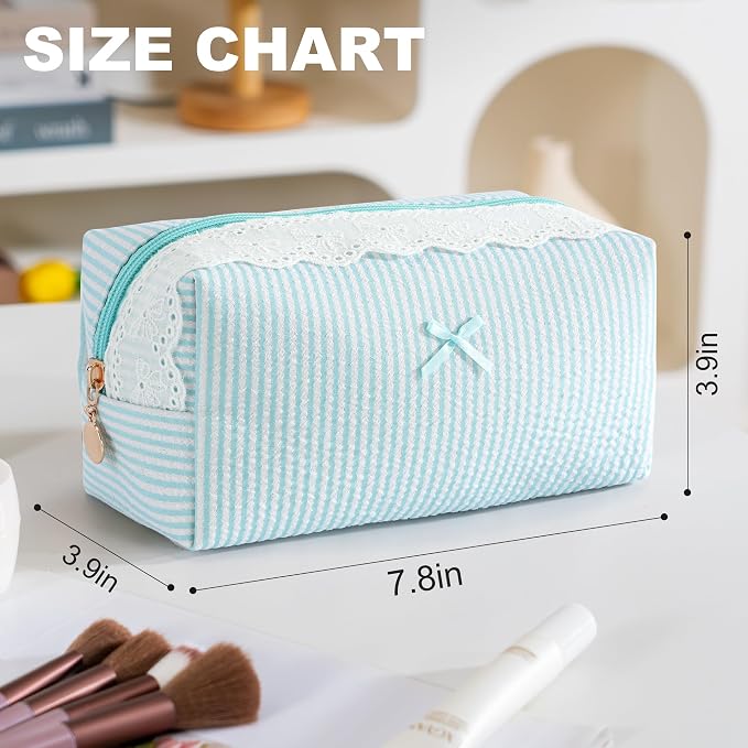 Makeup Bag Travel Toiletry Bag for Women, Small Cosmetic Bags with Lace Trim Cute Green Stripe Aesthetic Organizer Makeup Pouch for Purse Emergency Bag Pencil Case Accessory Bag - Image 3